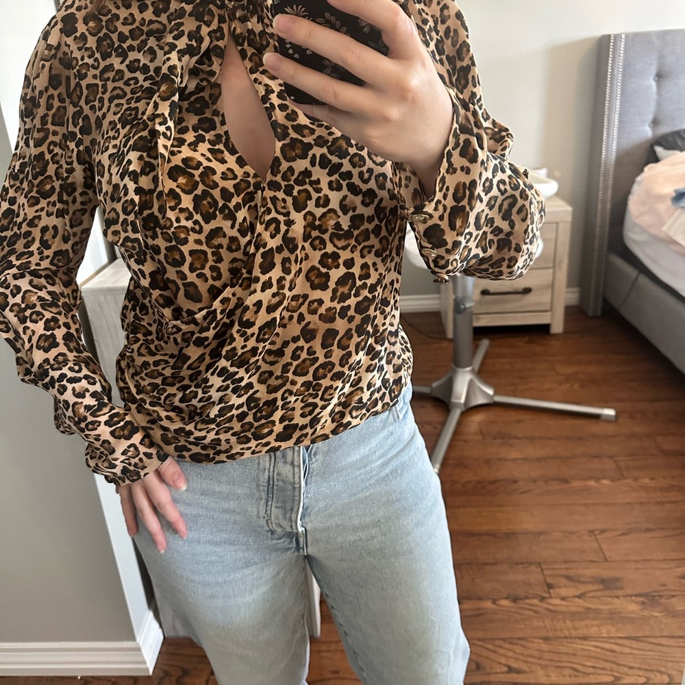 ☀️ NICHOLAS Black and Brown Wrap Tie Front Long Sleeve Blouse